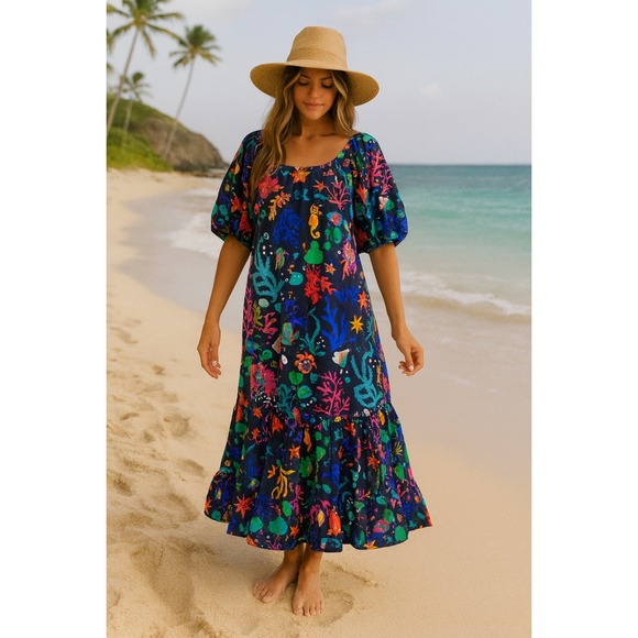 American Vintage Dresses & Skirts - Vintage 60s Tropicana Originals Hawaiian black tropical ocean maxi dress size 12